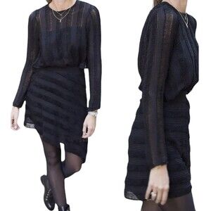 Zara Asymmetric W&B Collection Dress M Loopy Knit Back Open Slit Black Cocktail